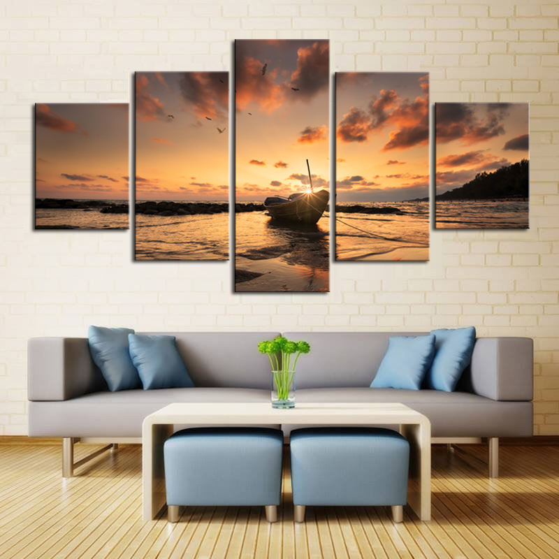 

5 Piece sunset Seaview boat Canvas Painting Large Print Art for Living Room Wall art Home Decoration dropship is welcomed