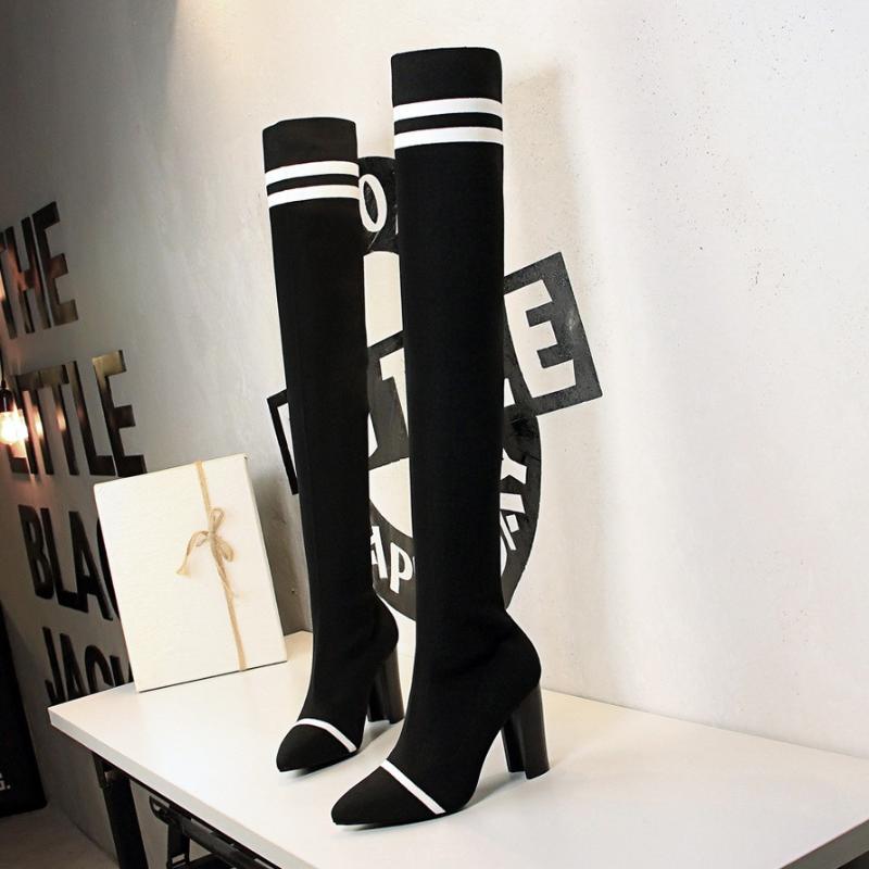 

motorcycle boots women boots Knee high heel 2019 female winter knitting Thin feet thick heels high heels hair threads sexy, Black