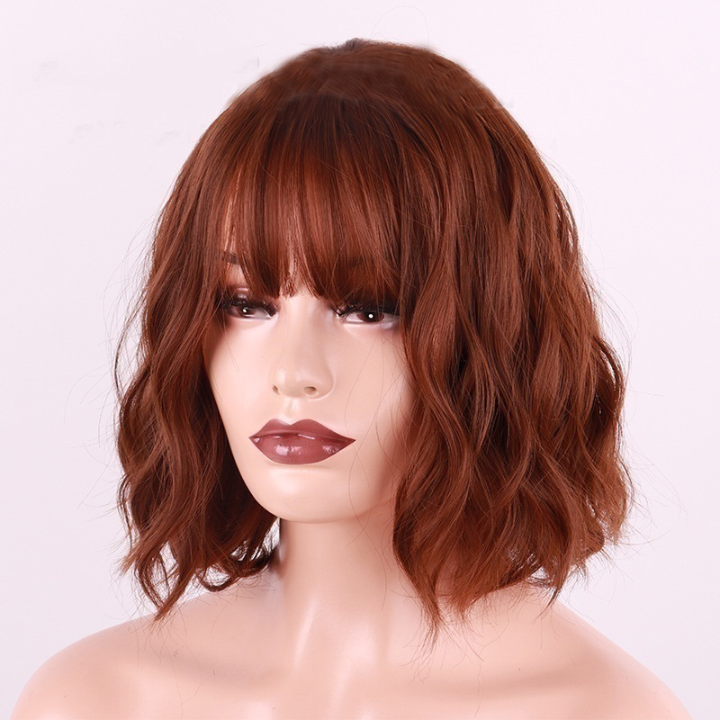 

LINGHANG Short Wavy Wig with Bangs Synthetic Wigs for Women Natural Brown Black Hair Ombre Blue Bob Wigs Heat Resistant Fiber, 612-68-361