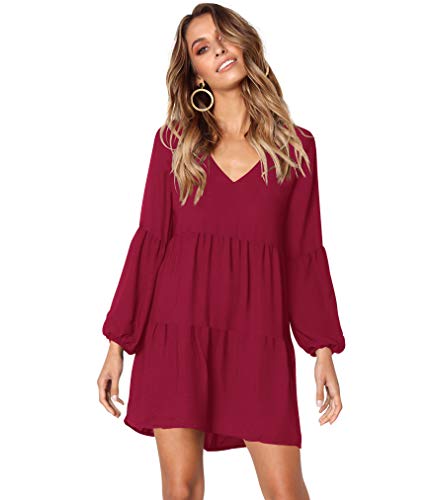 

Casual Dresses HPLY Women Long Sleeve Ruffle Loose Swing V-Neck Pleated Shift Dress, Black