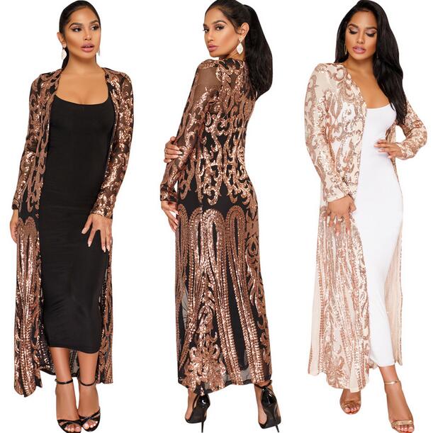 

Women' Jackets 2021 Spring Lace Cardigan Sequin Mesh Long Women Tops Jacket Coats Latex Set Windbreaker Sexy Party Coat WF792, Beige