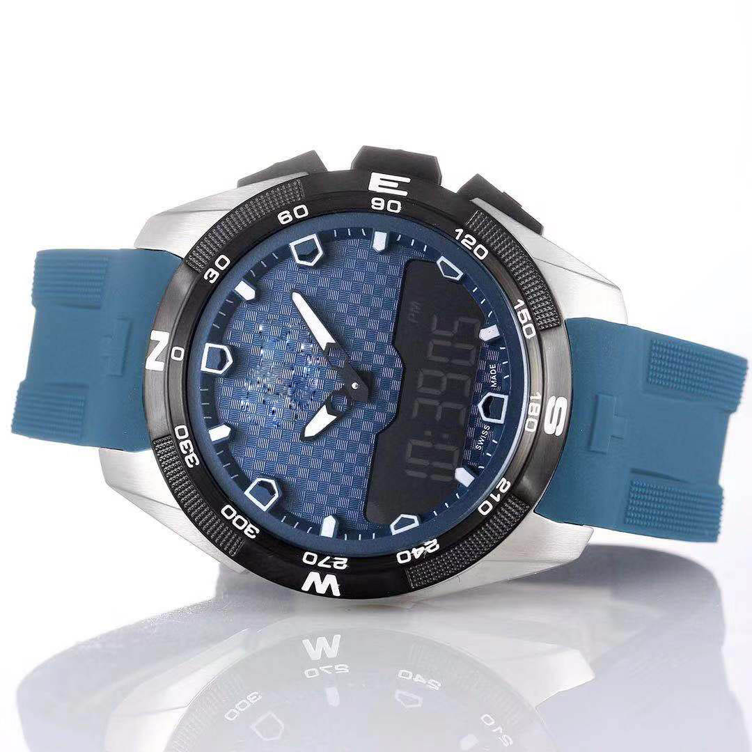 Montre Wirist T-Touch Expert T091 Racing Cadran bleu Chronographe Quartz Bracelet en caoutchouc bleu Fermoir déployant Montre-bracelet pour homme
