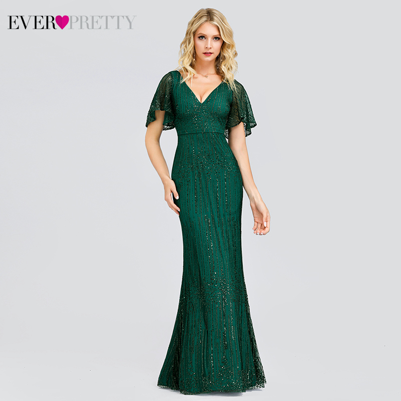 

Sexy Mermaid Evening Dresses Long Ever Pretty EP00838DG Sequined V-Neck Sparkle Evening Gowns For Party Vestidos Largos Fiesta, Green