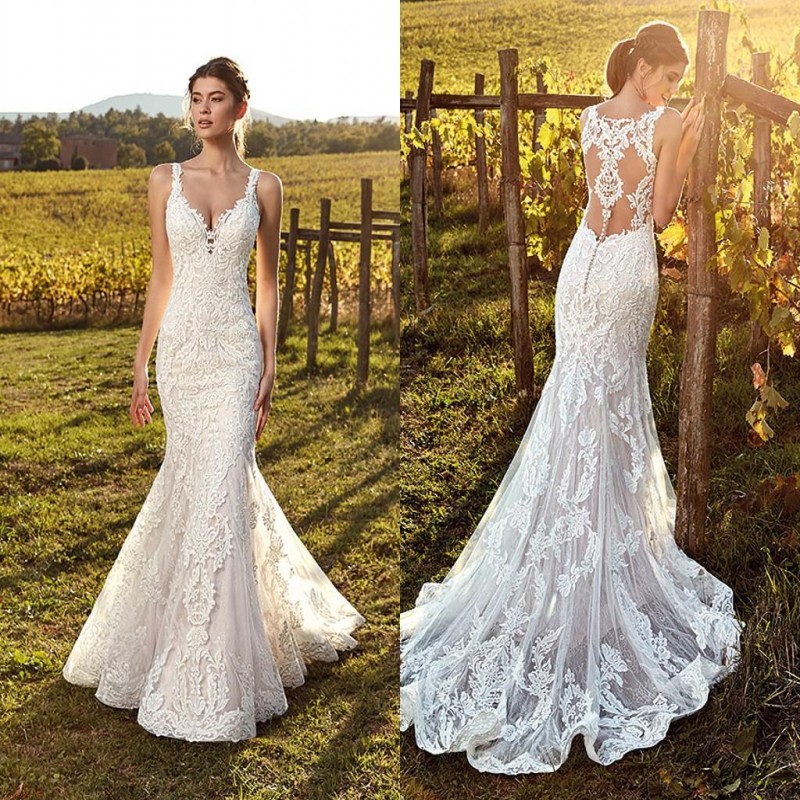 

Elegant Straps Deep V Neck Lace Mermaid Wedding Dresses Full Lace Tulle Summer Beach Wedding Bridal Gowns Illusion Back, White