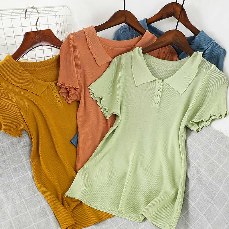 

GLAUKE Thin T Shirt Women Knitted 2020 New Summer Tops Woman Short Sleeve Casual T-Shirt Female Tee Shirt Femme streetwear tops, Blue