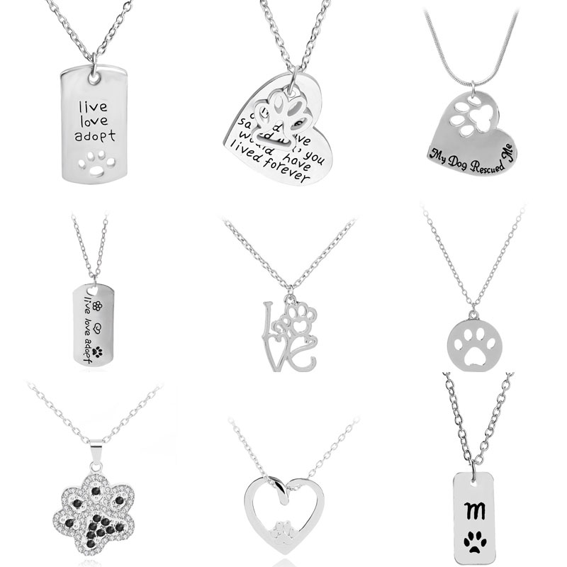 

9 Styles Hot Sale Pet Lover Dog Cat Paw Pendant Necklaces Love Heart Statement Necklace Jewelry