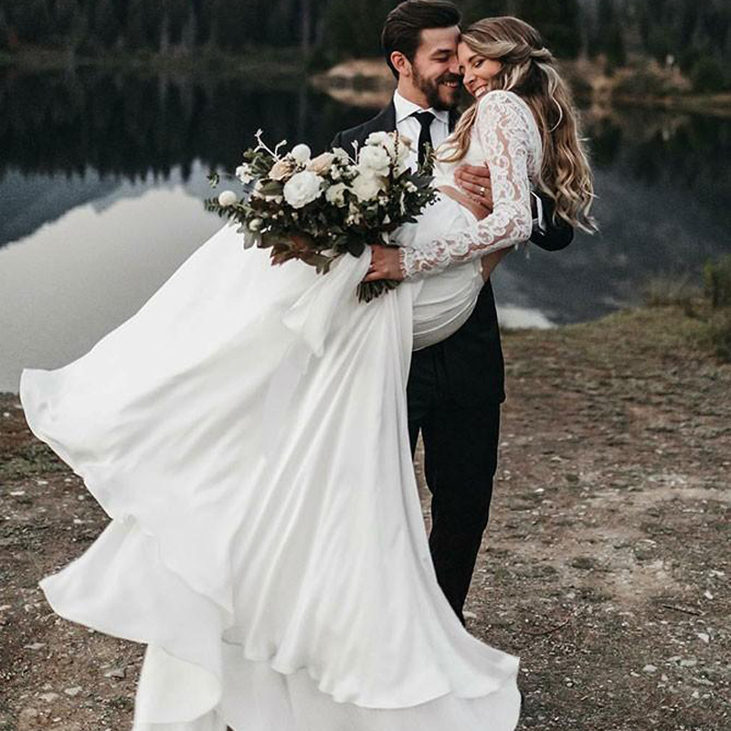 

2020 Newest Two Pieces Boho Wedding Dresses Long Sleeves A Line White Ivory Chiffon Lace Princess Beach Bride Weddin Gowns robes de mariée