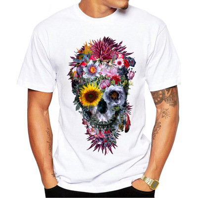 

Brand Designer Men T Shirts Fashion Voodoo Skull Design Short Sleeve Casual Tops Hipster Flower Skull Printed T-Shirt Cool Tee