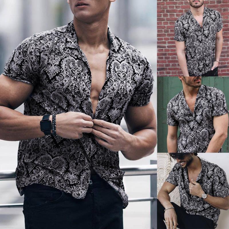 

Men's Totem Print Shirt Multicolor Block Chest Pocket Short Sleeve Round Hem Loose Shirt 2020 Camisas masculina Black