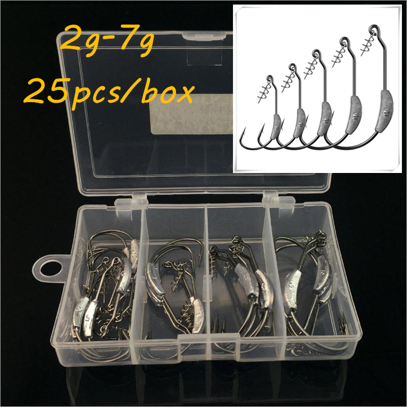 

25pcs/box 5 Sizes Mixed 2g-7g Crank Hook(With Lead) High Carbon Steel Barbed Fishing Hooks Pesca Carp Fishing Tackle Accessories KL_43