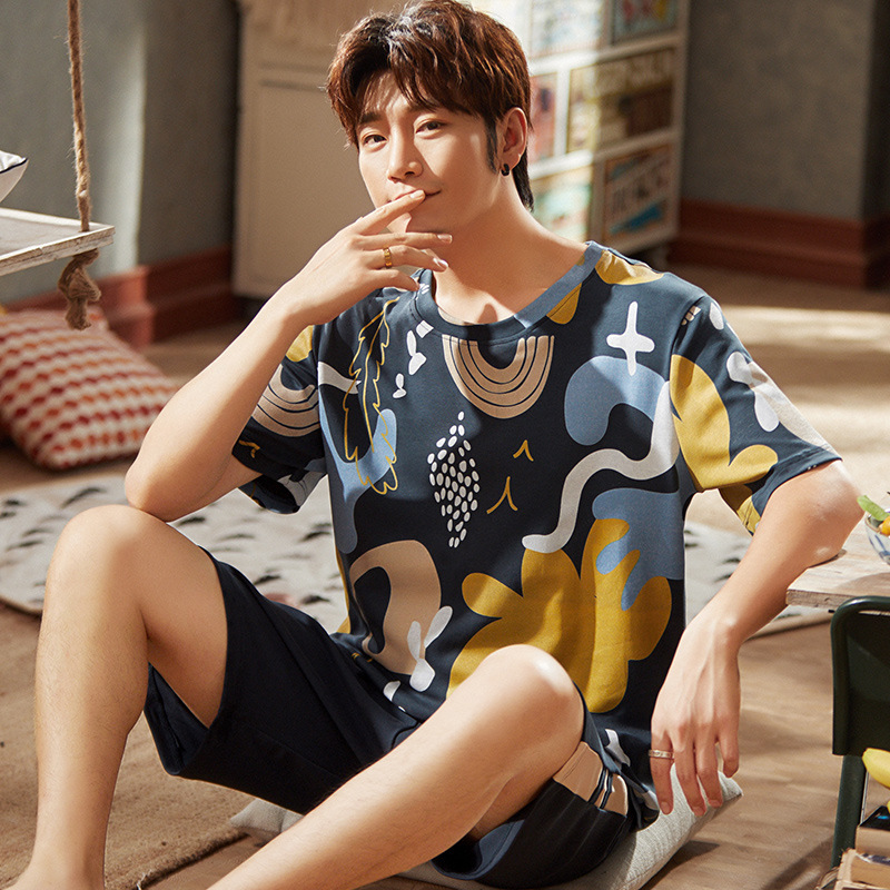 

Cotton Men Pajamas Sets printing Leisure Nightgown Cozy Homewear Short Sleeve round Neck Tops Shorts Sleepwear Sets, R2382b men pajamas