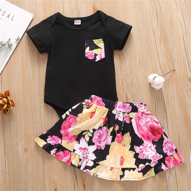 

Toddler Infant Baby Girl Clothes Set Summer Short Sleeve Pocket Round Neck Bodysuit Floral Skirt Clothing Outfits 2PCs, Multi