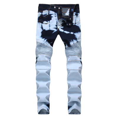 

New fashionable men's motorcycle jeans zipper stretch fashion two-color holes light white hot style trousers, Blue