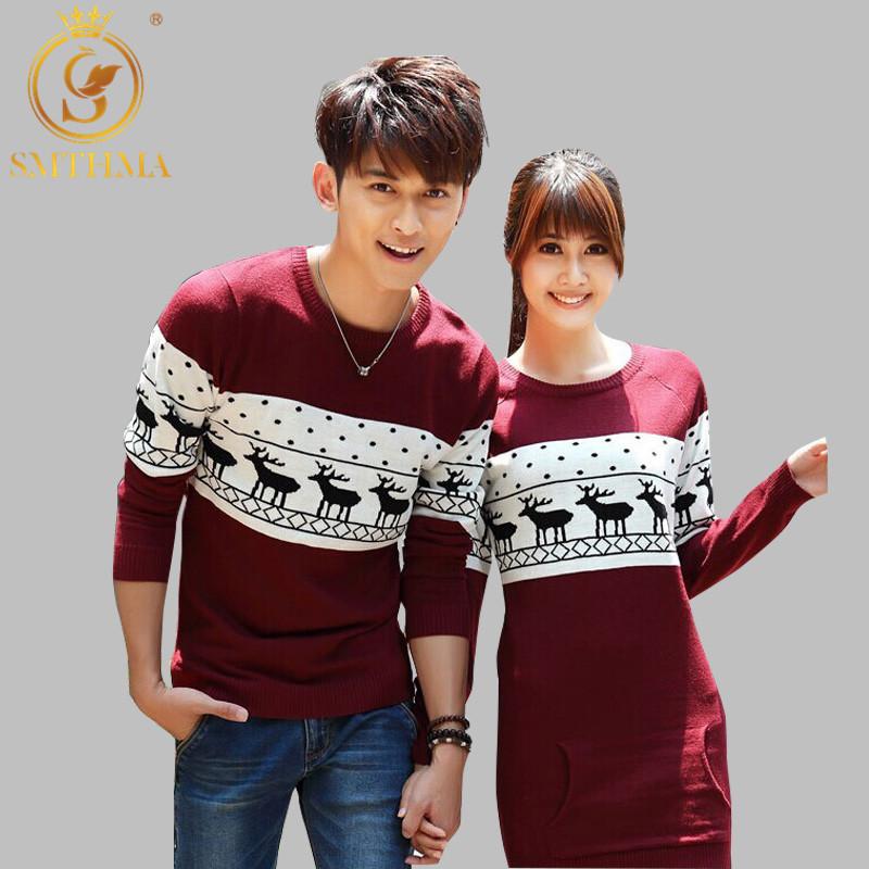

winter Runway men's /women long sleeve Wine red pullovers matching deer couple christmas New Year sweaters