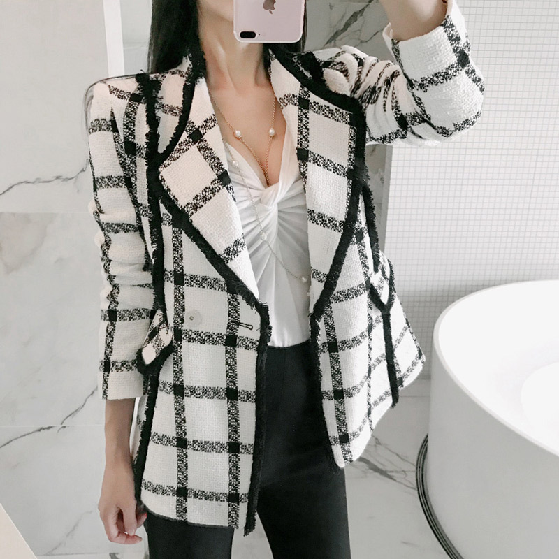 2019 New Runway Autumn Fashion Plaid Tweed Jacket Coat Winter Women's Notched Collar Diamond Brooch Wool Blend Tassels Outerwear