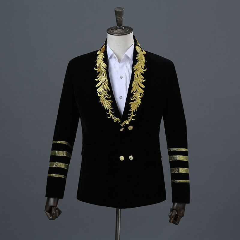 

Men's Gold Embroidery Double Breasted Velvet Suit Jacket Brand New Shawl Collar Military Style Party Stage Blazer Masculino, Black