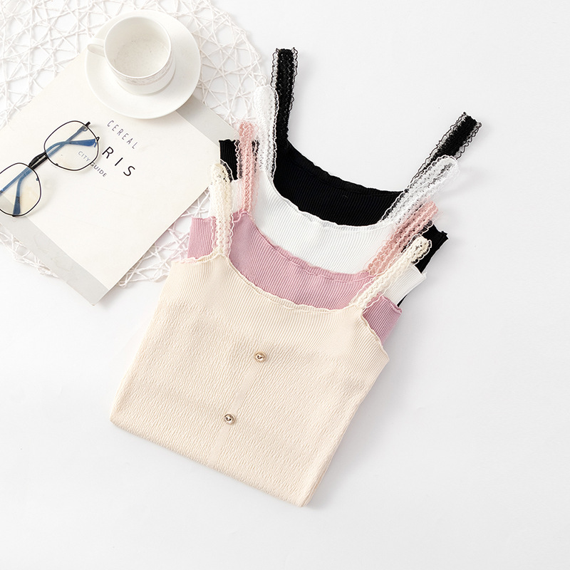 

White Top women 2020 Spring Summer Korean Style Knitted Strap off-Shoulder Vest Female lace button Sexy tanks Top for women, Black