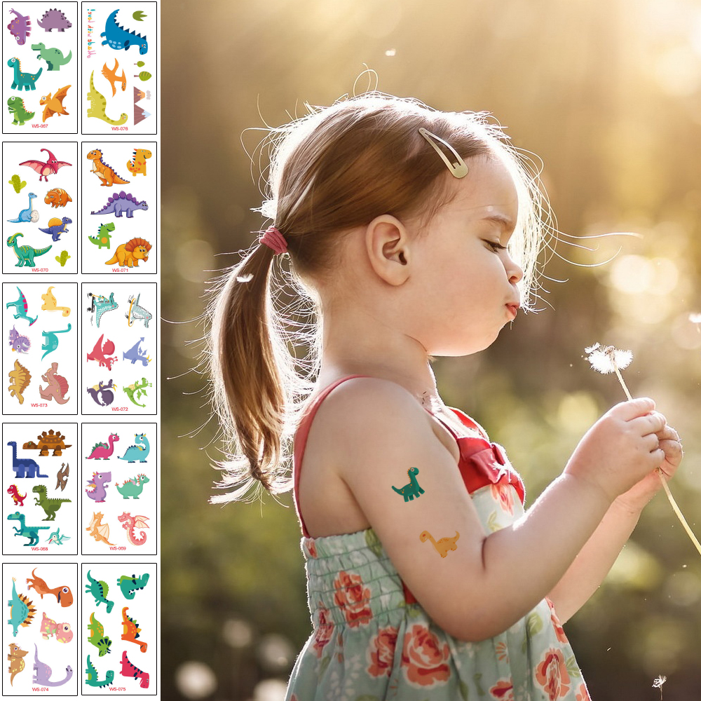 

Cute Dinosaur Cartoon Colorful Tattoo Sticker Kids Temporary Waterproof Holiday Party Arm Face Hands Body Art Tattoo for Boy Girl Gifts Fake