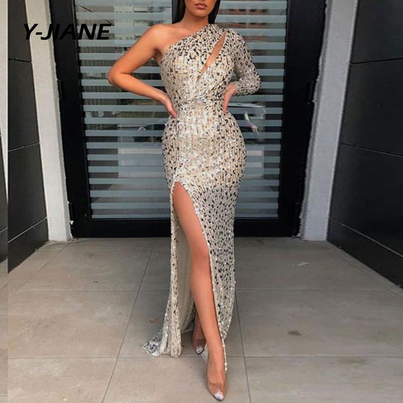 

Woman Sexy Split Dress Sequin Long Single Shoulder Sexy Party Dress Bodycon Slim Summer Gold Formal Dresses Female Vestidos#G3, Beige