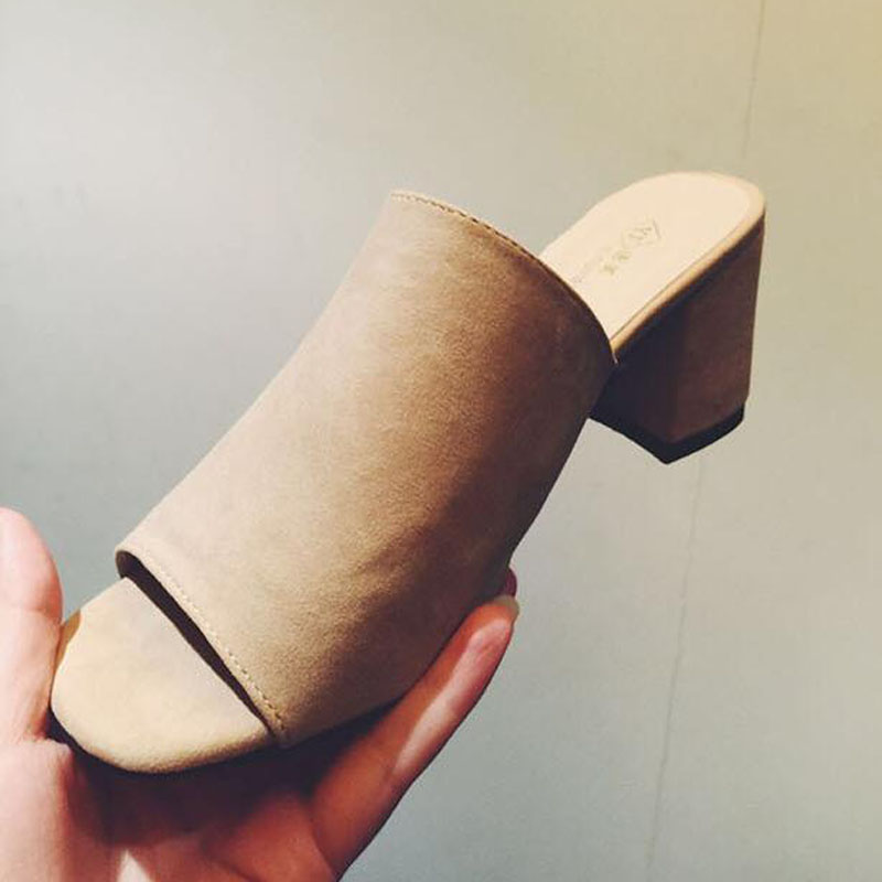 

Solid Mules High Heels Suede Outside Slippers Women's Casual Open Toe Shoes Woman 2019 New Square Heel Summer Slippers, Black