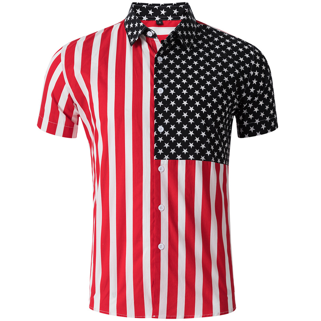 

Men's American Flag Print Short Sleeve Shirt Summer Men's Casual Turn Down Shirt, Red