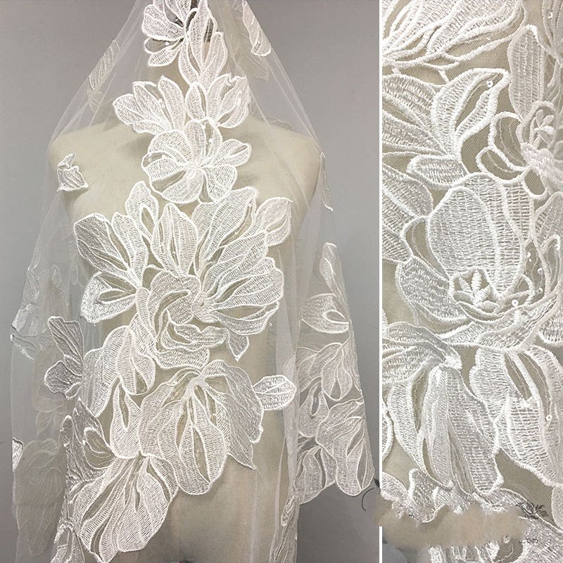 

Glace 1Y/Lot European large leaf lace sequin embroidery fabric mesh fabric for wedding dress fashion DIY cloth TX916