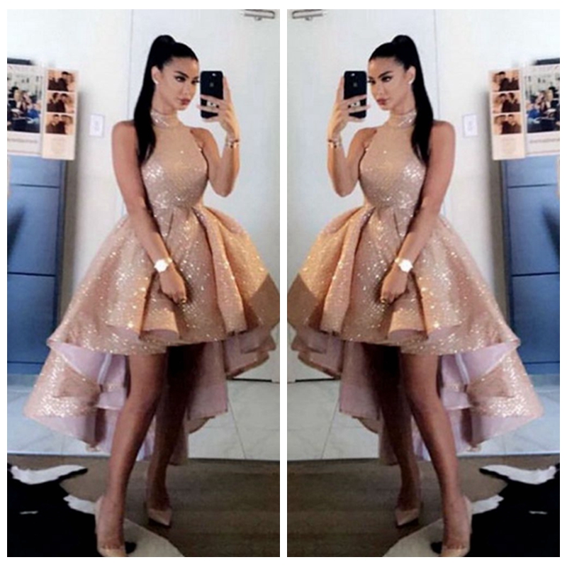 Bling Bling Sequins Rose Gold High Neck Prom Dresses 2020 Sexy Short Front Long Back Sleeveless Formal Party Evening Gowns vestido de gala