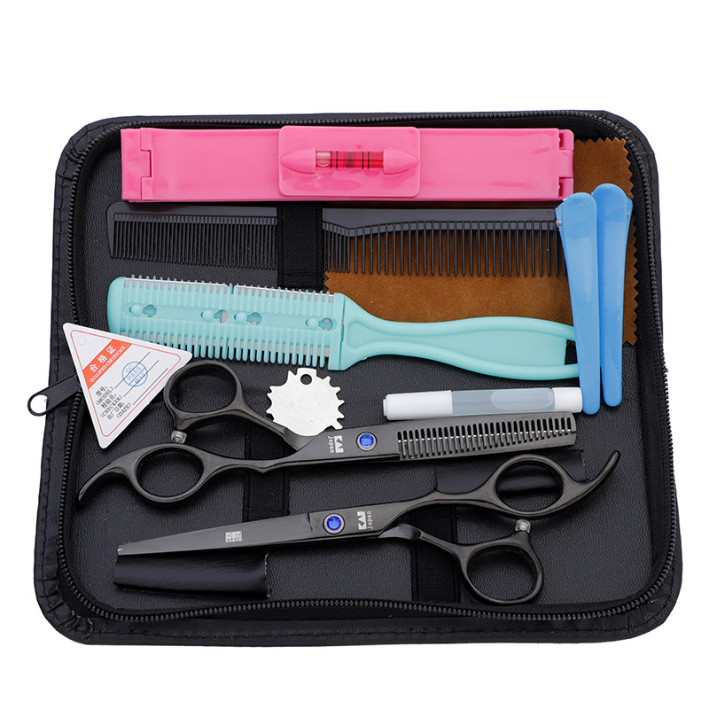 

Professional haircut scissors set barber hair cutting tools high carbon steel black 6inches flat tooth shears with bag