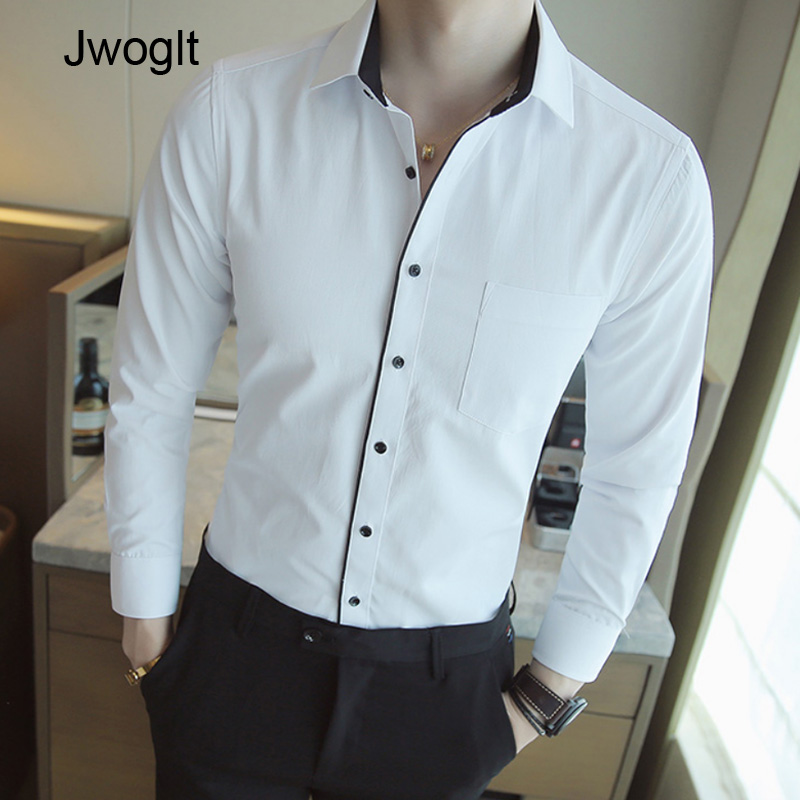 

Men Fashion Casual Long Sleeved Shirt Regular Fit Male Social Business Dress Shirt White Men Blouse