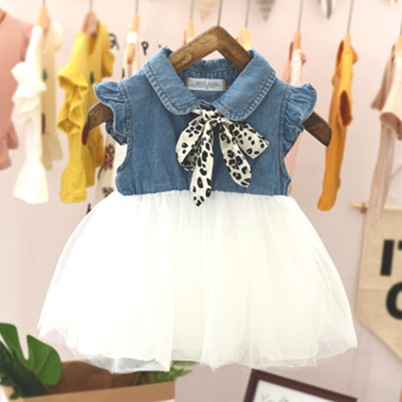 

Baby Girls Denim Tops Mesh Dress Newborn Infant Kids Sleeveless Clothes Outfits, As pic
