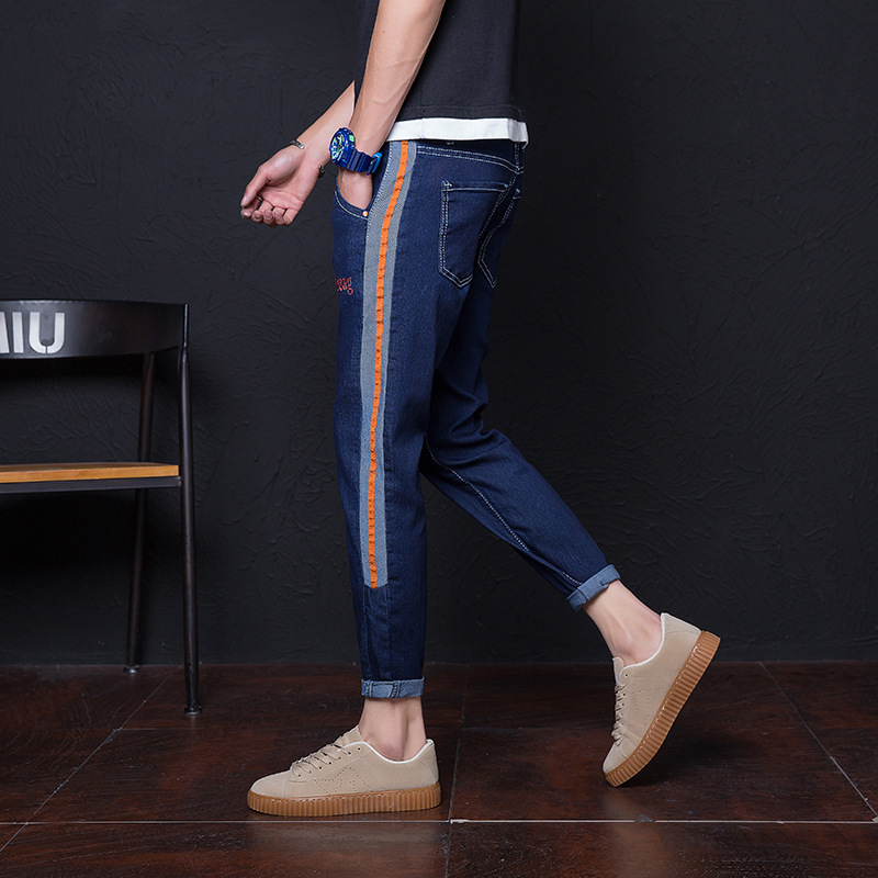 

Wholesale 2020 Fashion New style jeans men's slim feet pants spring and summer striped wild pants Korean trend casual, Black