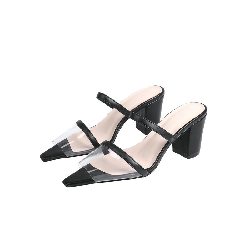 

Real leather women slippers high heels shoes woman spring summer shoes woman Mules Slipper office ladies, Black