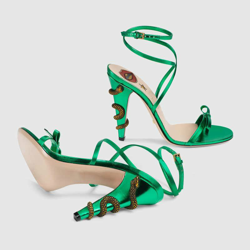

2020 Catwalk models Lucky Classic Hot Design Sexy lip Snake Stiletto Bow-tie Open Toe Strap 10.5CM Heels Sandal Green colour