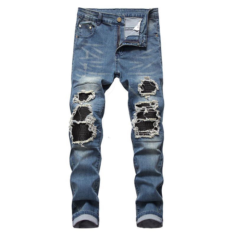 

Sokotoo Men's PU leather patchwork ripped biker jeans Streetwear pleated stretch denim pencil pants Blue Black