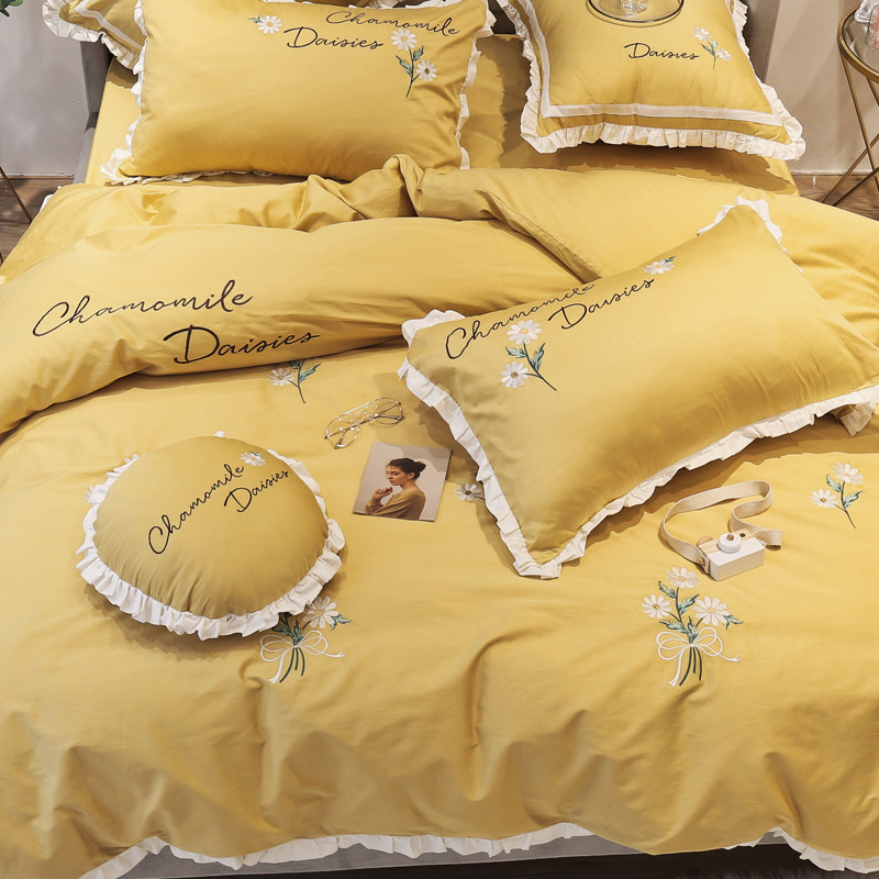 

Daisy Embroidery Quilt Cover 100% Pure Cotton Bedding Set Free Shipping Princess Style Pillows Girls lovely 1.8m Bedding Article, Green -4pcs