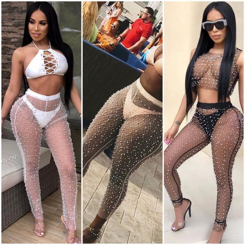 

Pencil Pants Women Summer Beach All Match Sunscreen Cover Up Pants Pearl Decorated Anti-mosquito Mesh Sheer Ultra Thin Trousers, Black