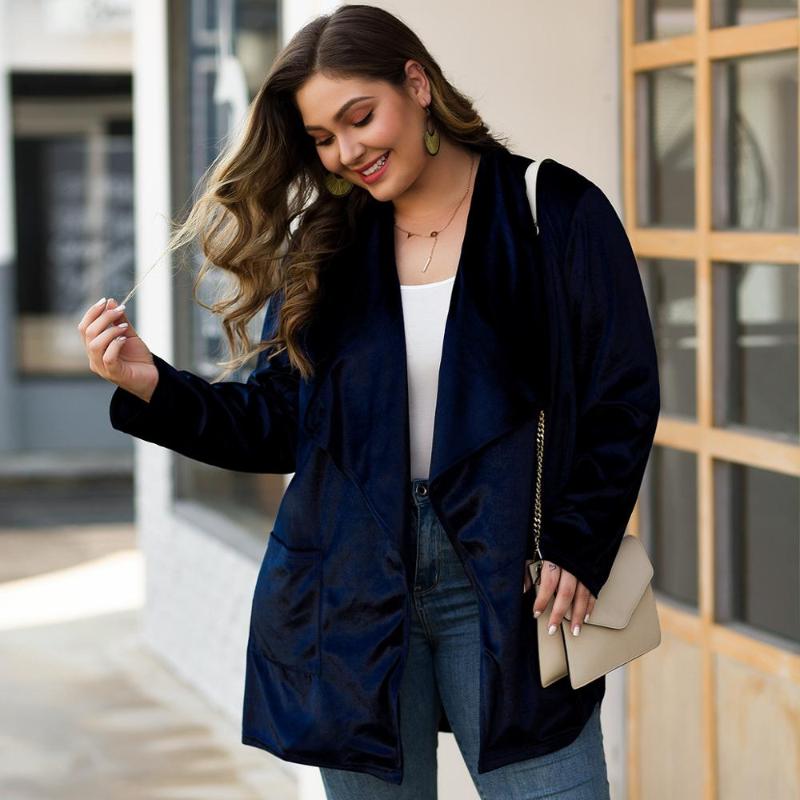 

WHZHM Plus Size 3XL 4XL Coats and Jackets Women Loose Navy Blue Turn-down Collar Long Sleeve Velvet Tops Ladies Femme Clothes