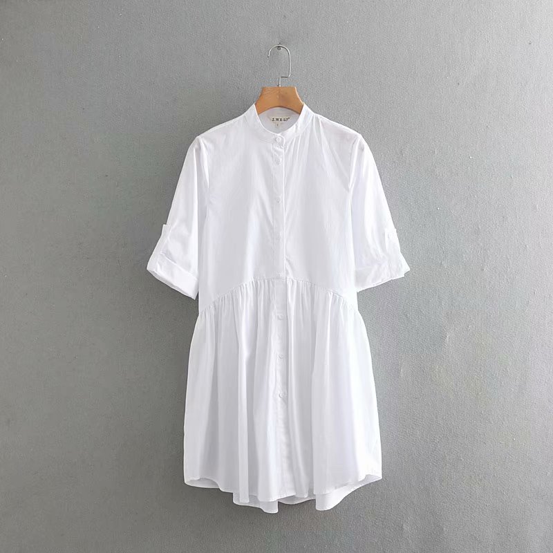 

women simply solid color stand collar white shirtdress female roll up sleeve vestidos chic autumn casual pleats dresses DS2829, As pic ds2829xiaolu