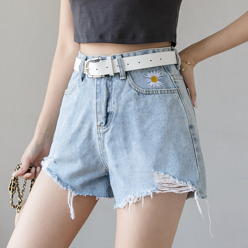 

CYNTHIA Summer Women Denim Shorts Female Chic Daisy Embroidery Hole Solid High-waist Jean Short Pants, Blue