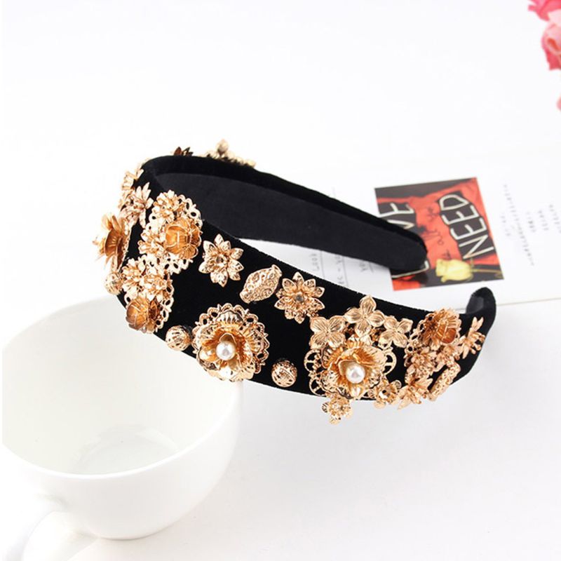 

Women Heavy Duty Baroque Headband Gold Alloy Flower Rhinestone Hair Hoop 449F
