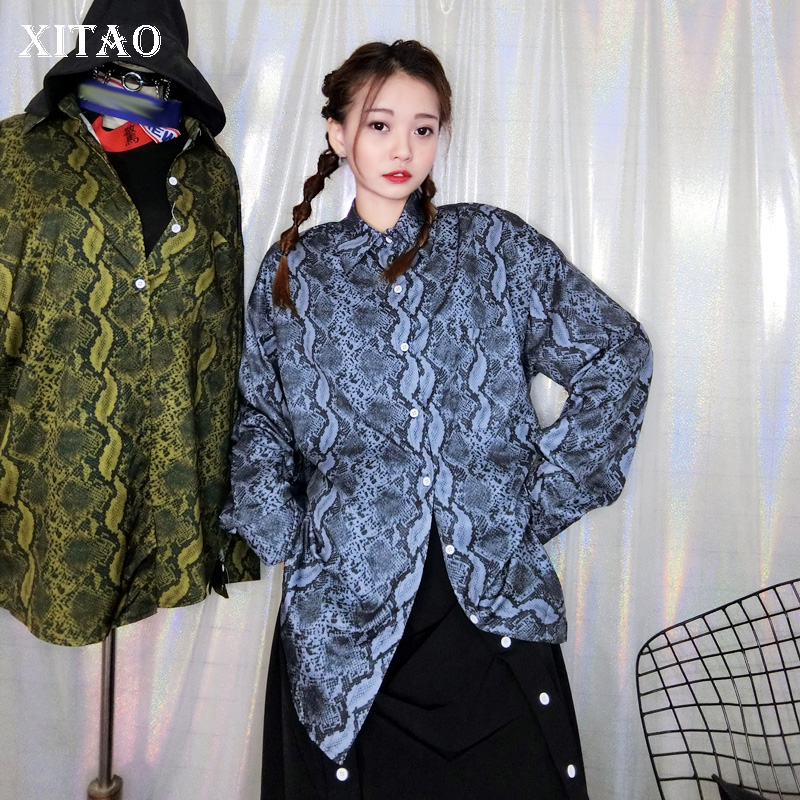 

XITAO Japanese Style Vintage Snake Pattern Shirt Loose Plus Size Harajuku Womens Tops and Blouses Fashion Streetwear DMY3986, Green dmy3986