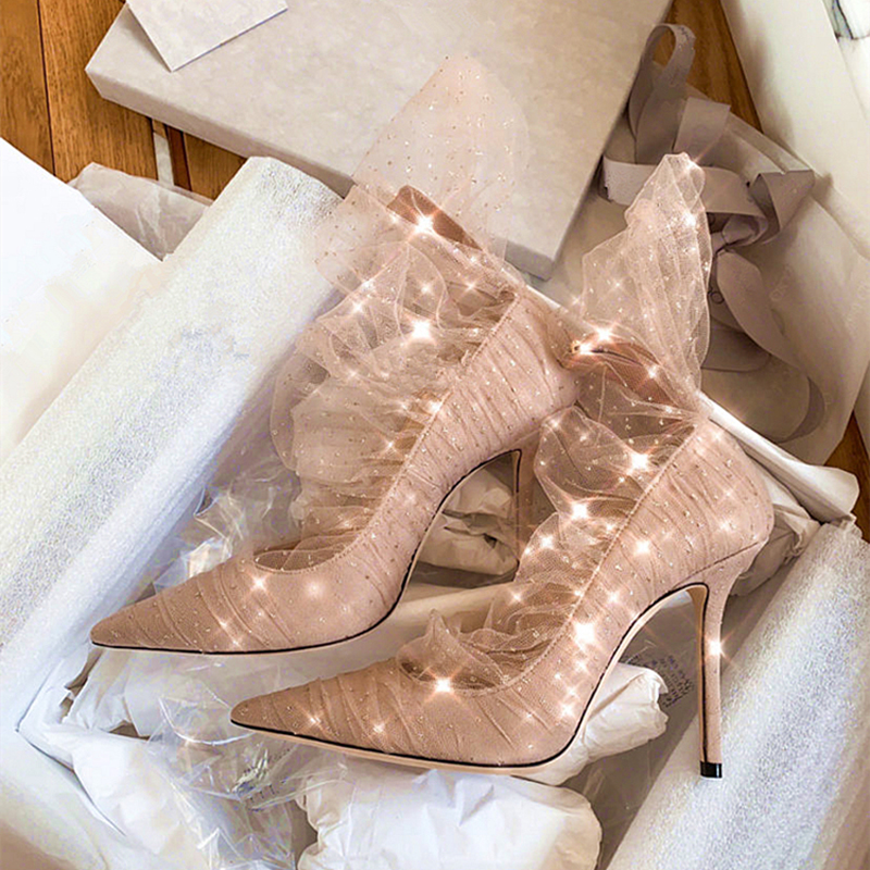 

Hot Sale Suede Women Pumps with Glitter Tulle Overlay High Heels Luxury Wedding Shoes 2019 Spring Pointed Toe Stiletto Shoes Woman, Black