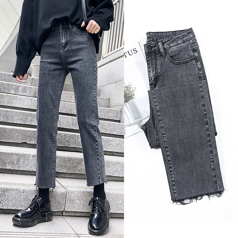 

Spring Women Simple Loose Casual Straight Ankle-Length Jeans Fashion ladies High Waist gray black blue Cotton Denim Pants