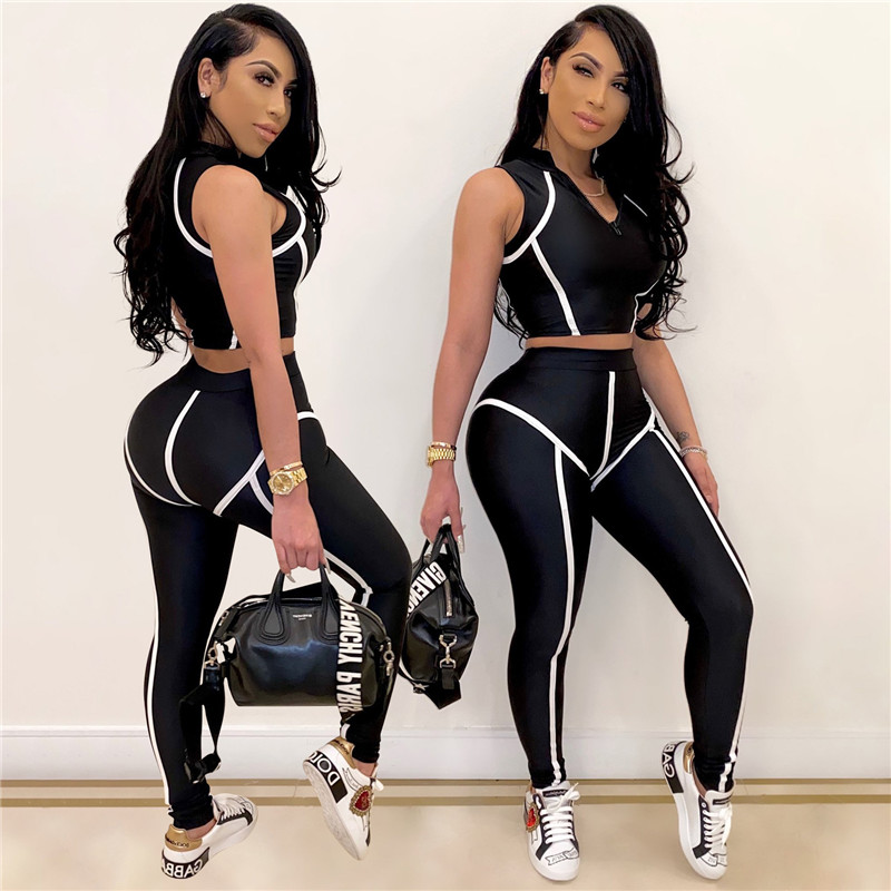 

2020 Women Fitness 2 Piece Set Women Suit Sportwear Summer Outfits Sleeveless Crop Top Leggings Ladies Tracksuit Female, Rose