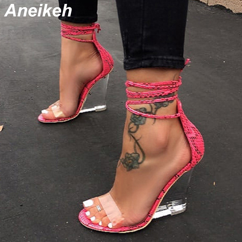 

Aneikeh 2020 Fashion Women Shoes Peep Toe PVC Transparent Heel Wedges High Heels Sandals Summes Cross Strap Lace-Up Pumps, Black