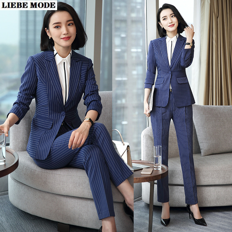 

Elegant Striped Office Suits for Women Two Piece Pant Suit Korean Ladies Black Blue Pants Suits Office Work Blazer and Trouser