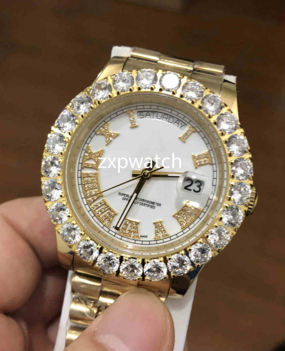 

Top Quality 43MM Prong set diamonds Wristwatches Gold Stainless steel case Multi-Color dial Automatic Mechanical Mens big diamond Watches, Gold face