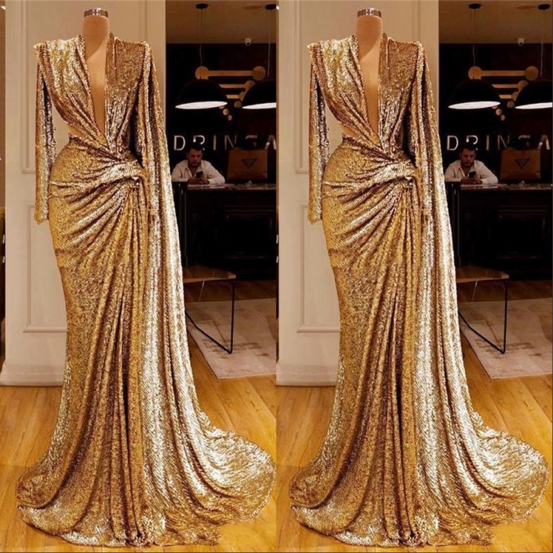 

Sexy Deep V-Neck Formal Evening Gowns 2020 Design Saudi Arabic Sequins Prom Party Dress Gown Robe De Soiree Sexy Deep V-Neck Formal, Dark red