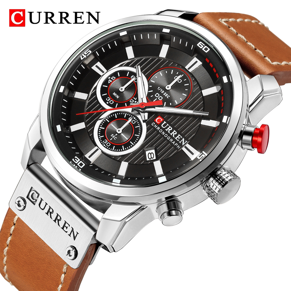 

CURREN New Fashion Mens Watches Military Quartz Watch Leather Waterproof Sport Chronograph Watch Male Clock Relogio Masculino, Slivery;brown