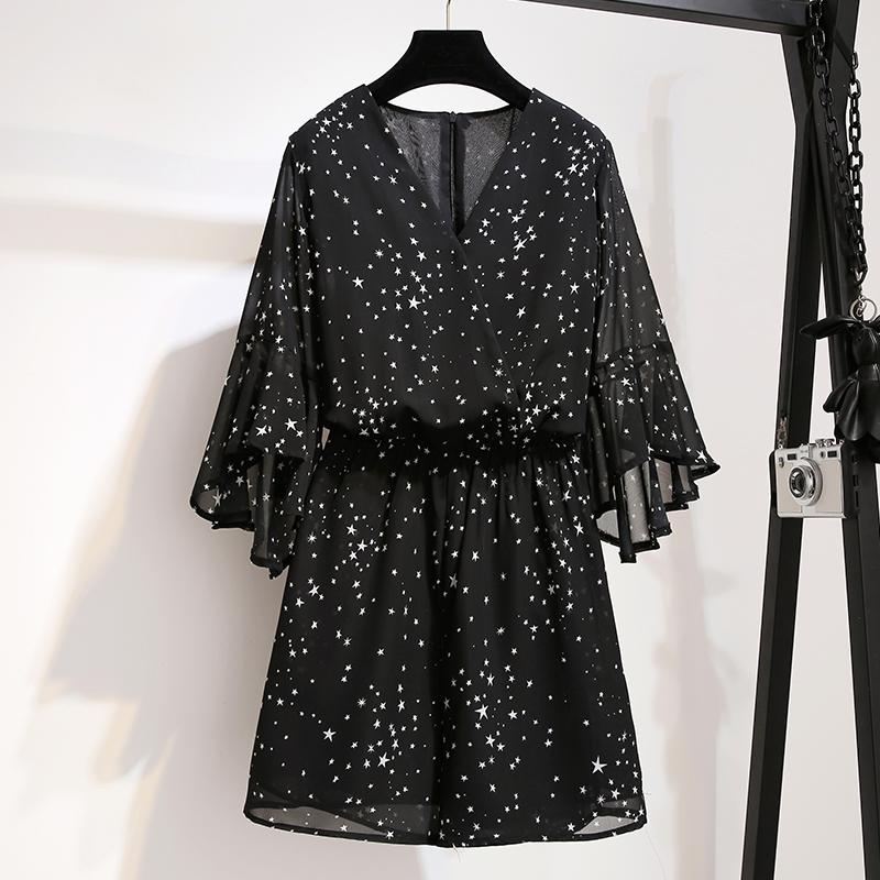 

2020 Summer 4XL 5XL Plus Size Women Short Jumpsuits Casual Star Print V-neck Playsuit Rompers Large Size Loose Chiffon Playsuits, Black